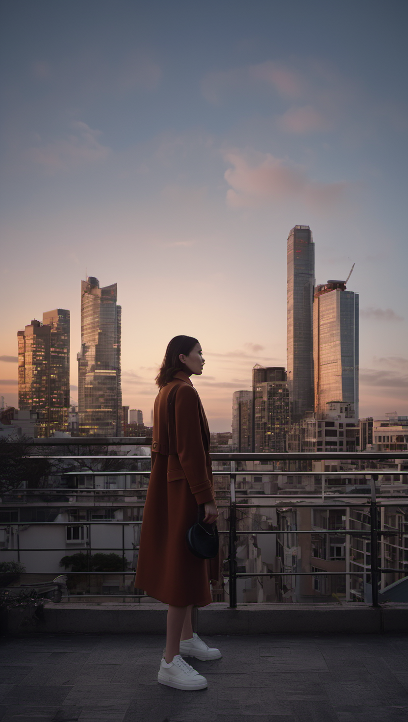 황혼녘 도시를 바라보는 여성, 여성, 도시, 노을, 황혼, 고층빌딩, 루프탑