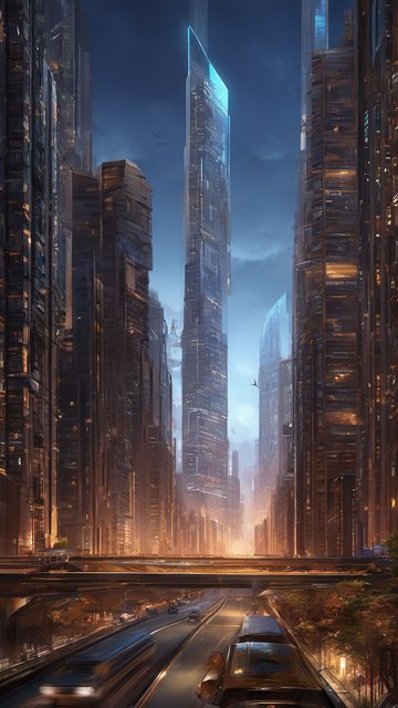 초고층 미래 도시의 황혼 스카이라인