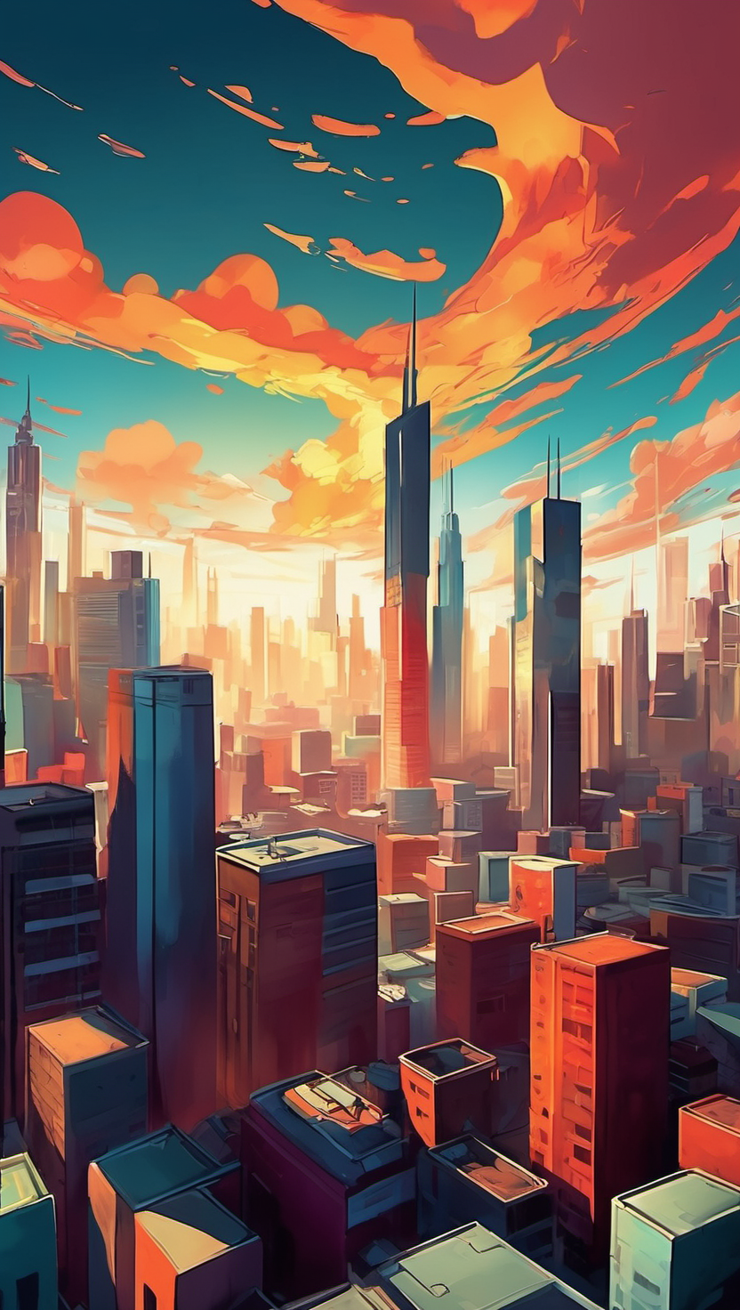 활기 넘치는 도시의 노을 풍경, 도시, 일몰, 마천루, 애니메이션, Vibrant, Urban landscape