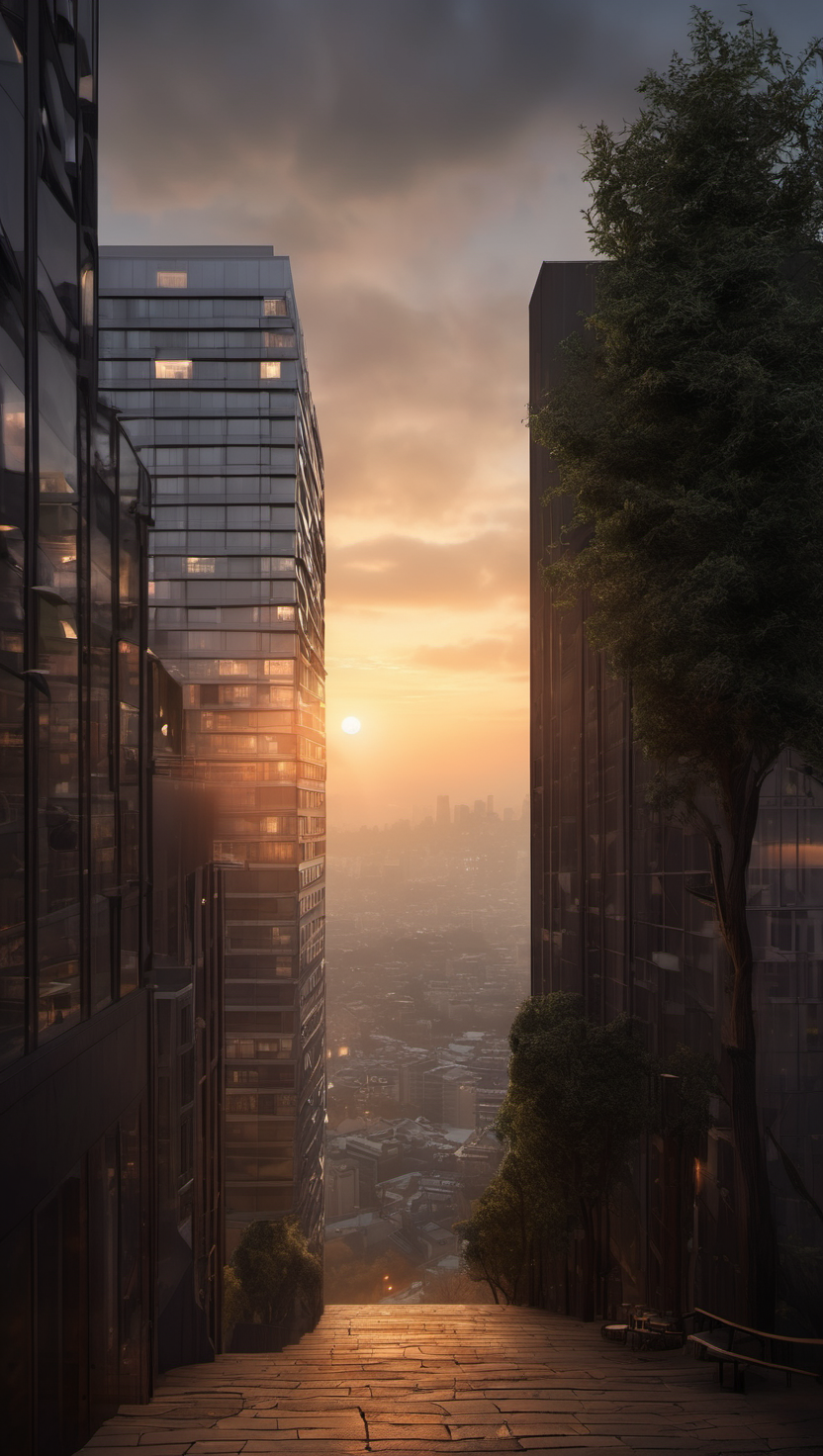 빌딩 숲 사이, 노을빛 계단, 일몰, 도시 풍경, 계단, 고층빌딩, Golden hour, Urban architecture