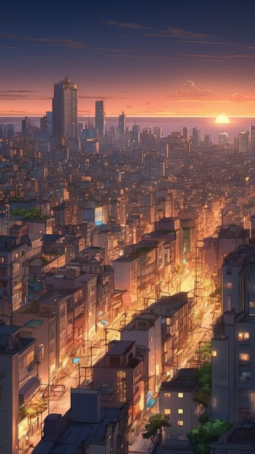 석양 아래 빛나는 도시 전경