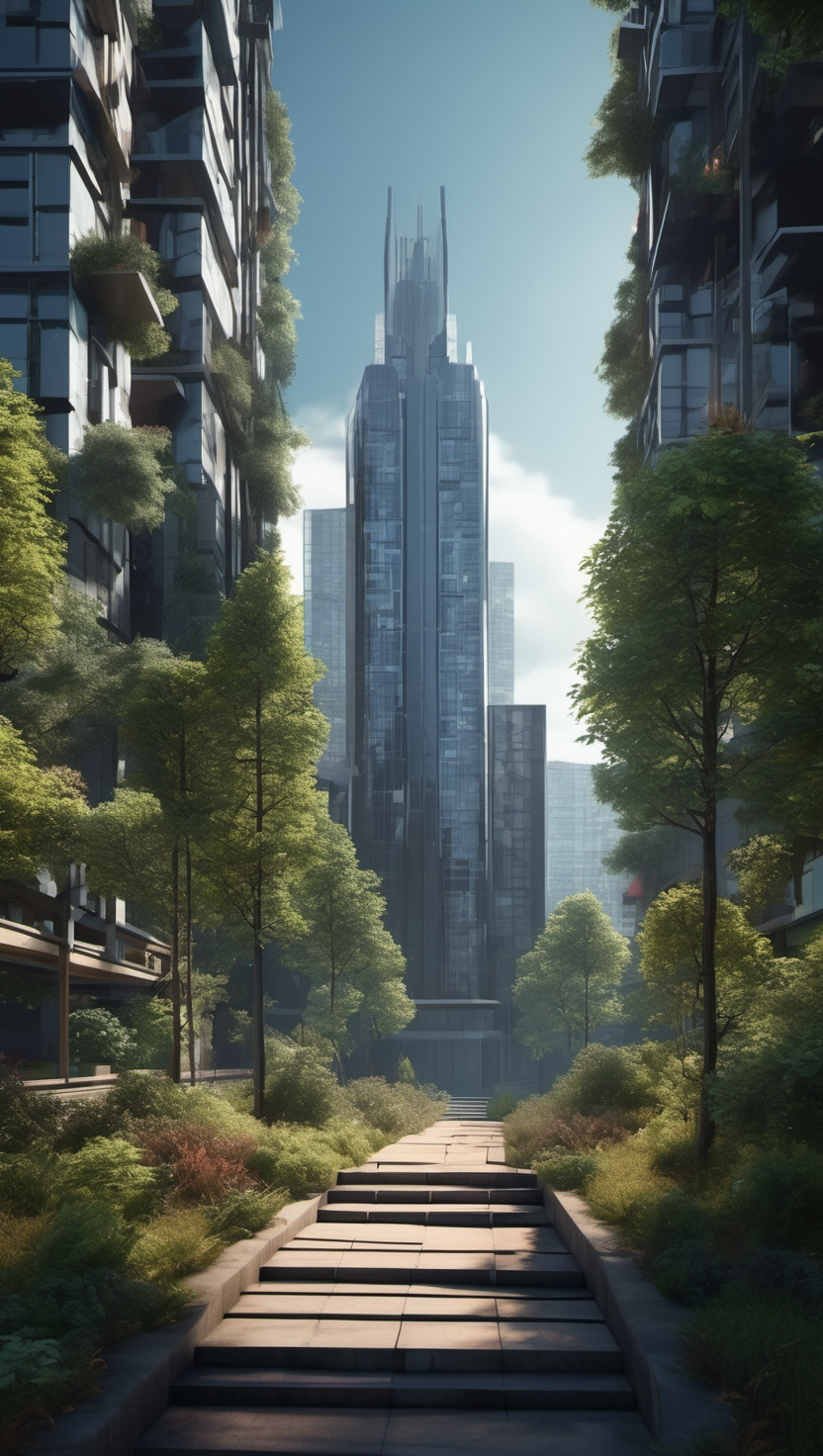 푸른 자연과 현대 건축의 조화, 미래도시, 고층빌딩, 친환경건축, UrbanGreen, 자연조화, skyscraper