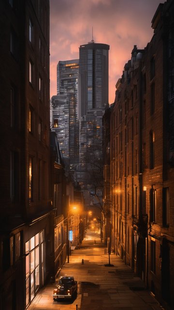 황혼의 도시 골목: 클래식 카와 마천루