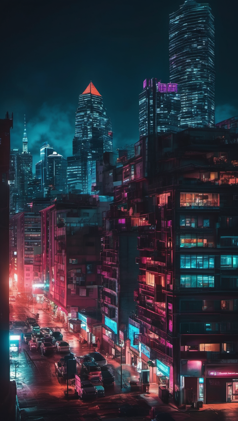 네온 불빛 가득한 미래 도시의 밤, 도시 야경, 사이버펑크, 네온 불빛, 고층빌딩, 미래 도시, urban