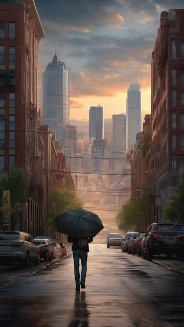 비 내린 도시 거리, 우산 쓴 이의 발걸음