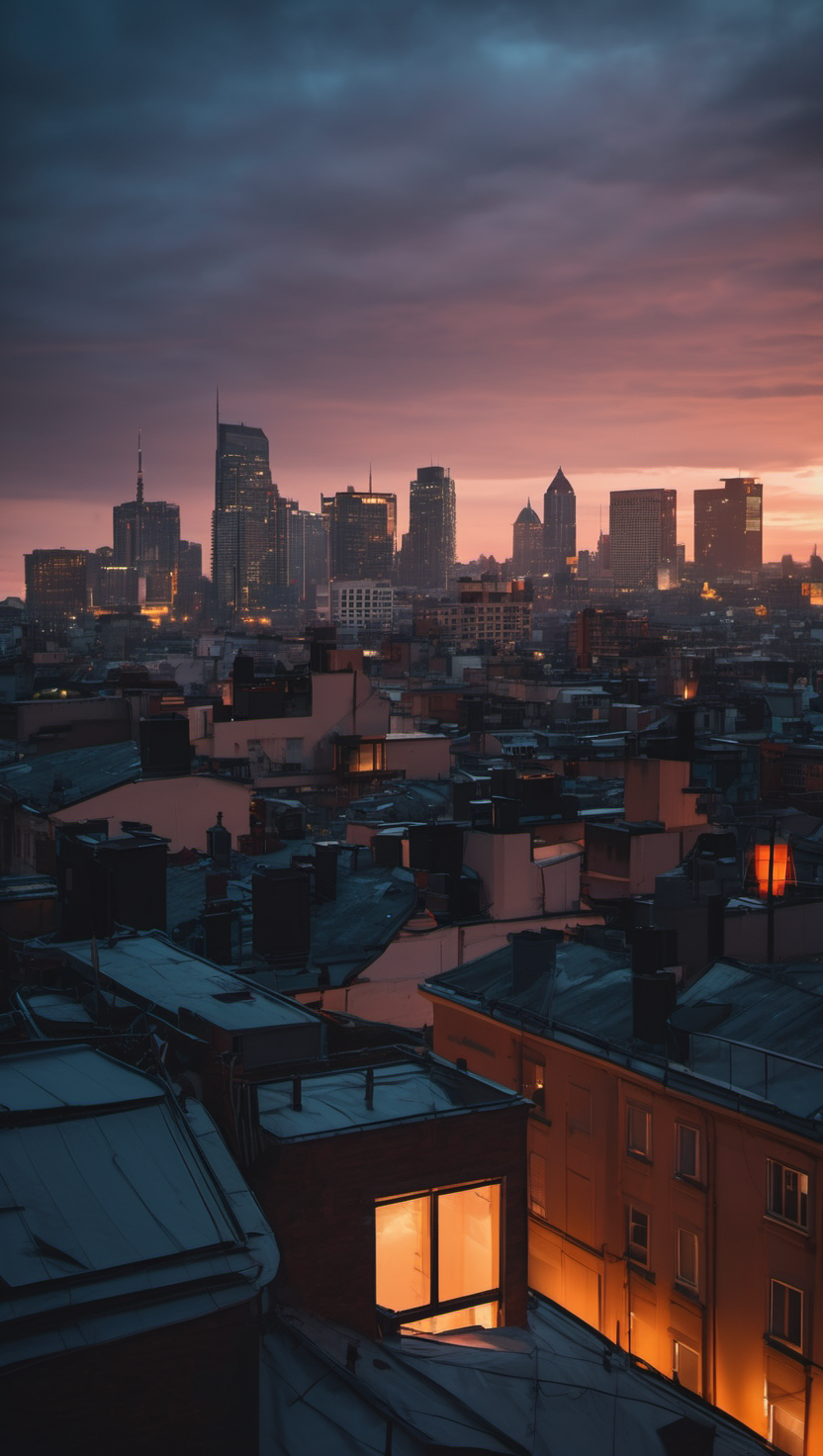 도시의 황혼: 주황빛 불빛이 스며드는 순간, 도시, 황혼, 노을, 스카이라인, 야경, 건물