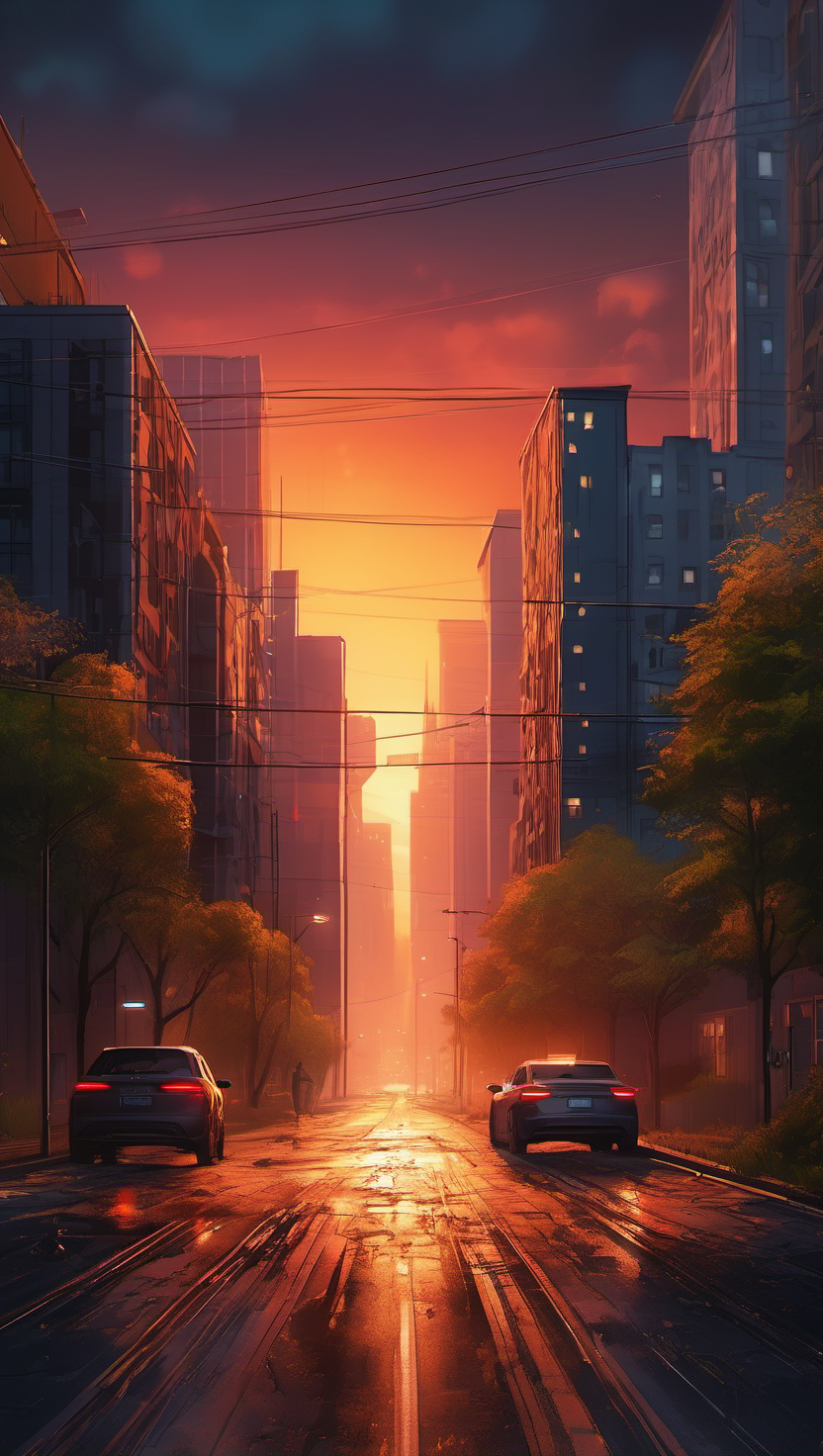 석양빛 도시 도로의 고요함, 석양, 도시 풍경, 노을, wet road, 고층빌딩, 주황빛 하늘