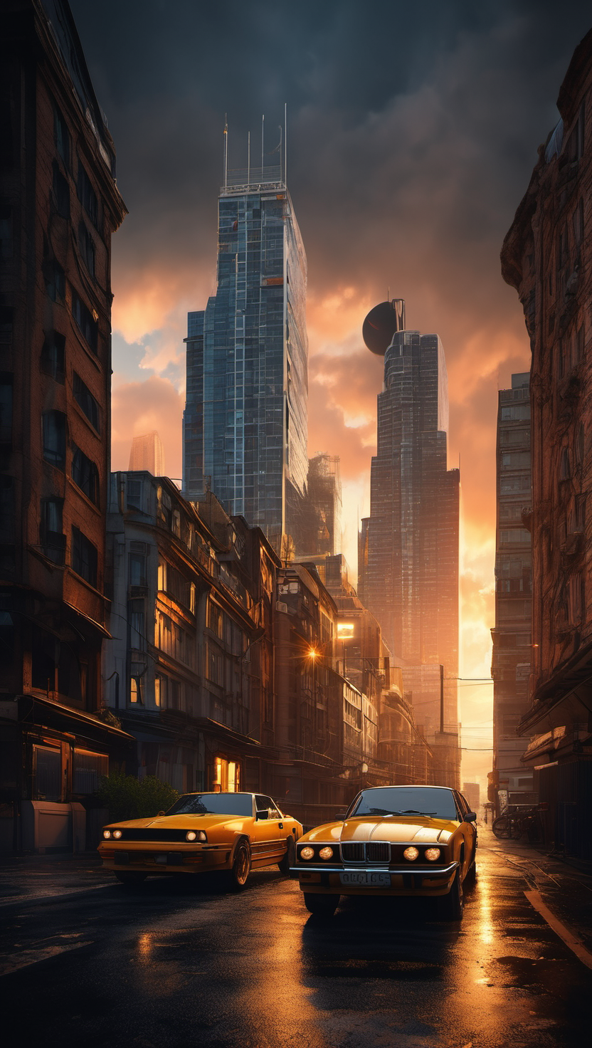 황혼의 도시: 클래식카 거리, 클래식카, 황혼, 도시풍경, 젖은 거리, 석양, 반사광