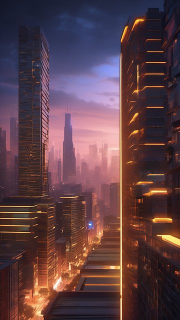 네온이 빛나는 미래 도시의 황혼