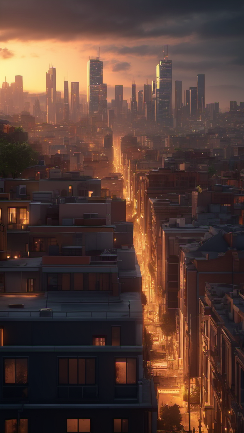 황혼 속 도시 풍경: 황금빛 거리, 도시, 야경, 황혼, 노을, 스카이라인, 고층빌딩