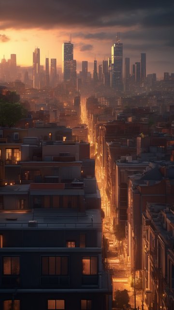 황혼 속 도시 풍경: 황금빛 거리