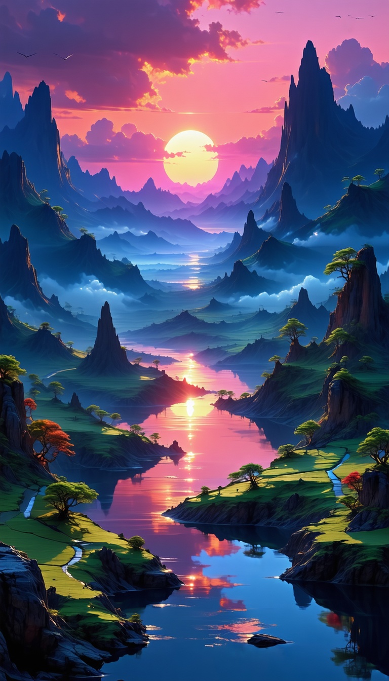환상적인 석양 풍경, 석양, sunset, 풍경, landscape, 산, mountains