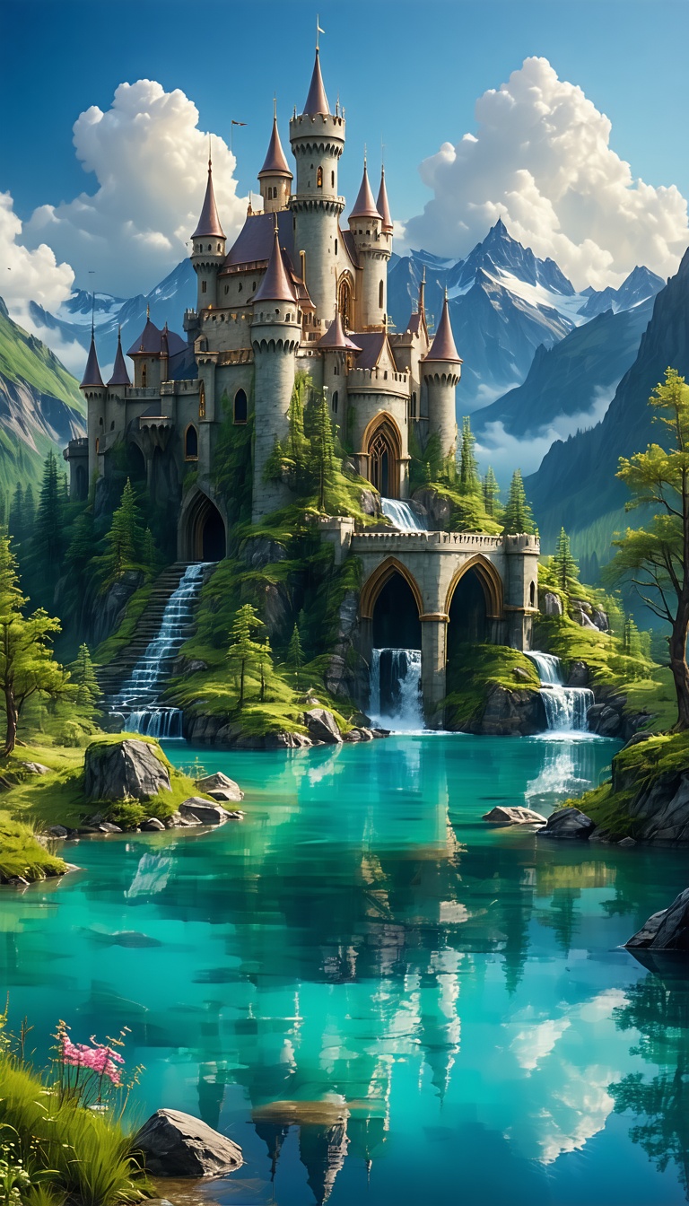 웅장한 산중의 성, Castle, Fantasy, Lake, Mountain, Waterfall, Landscape