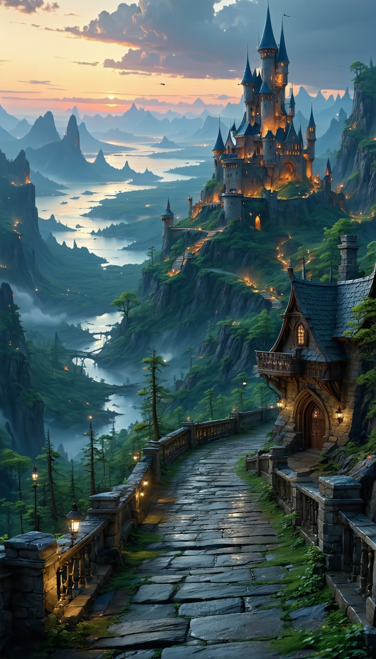 환상적인 중세풍 성과 마을, Fantasy, Castle, Medieval, Village, Landscape, Digital Art