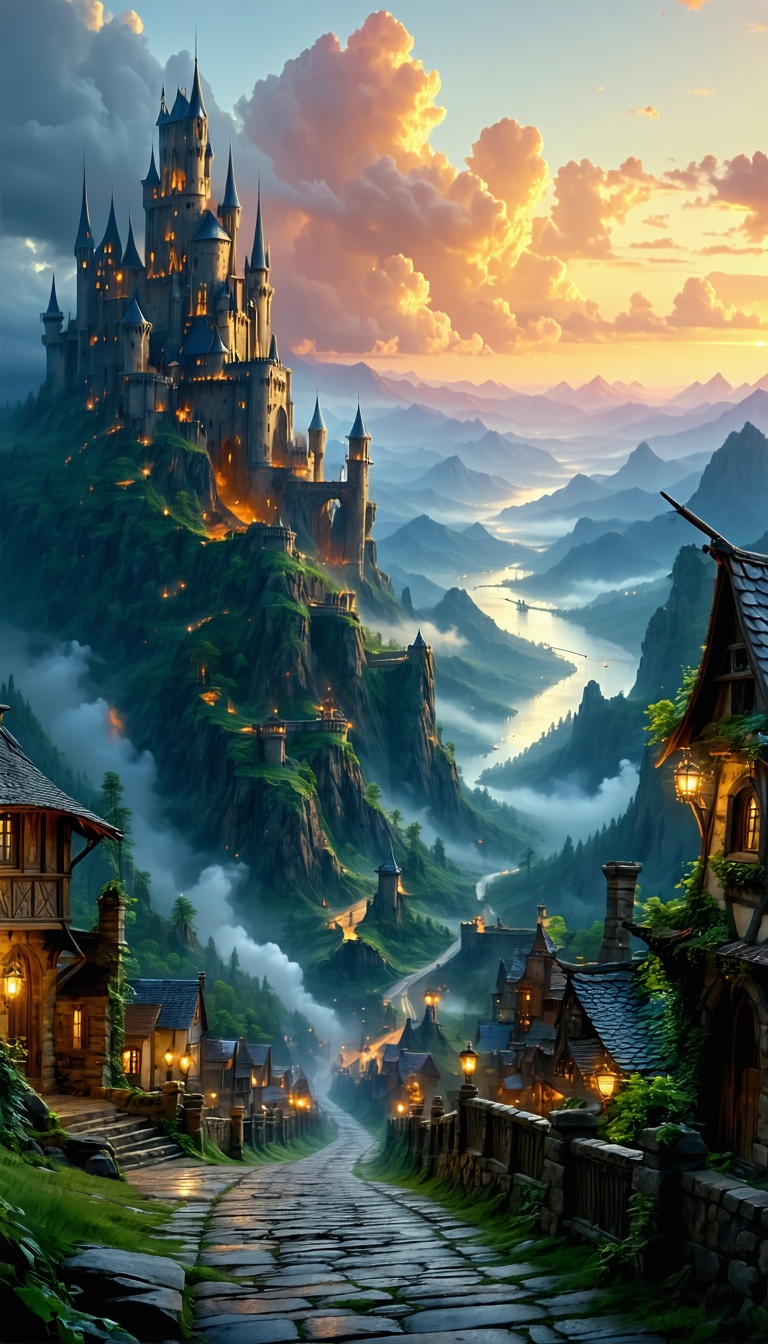 몽환적인 산골 마을과 성, 판타지, 중세, 성, 마을, 산, 풍경