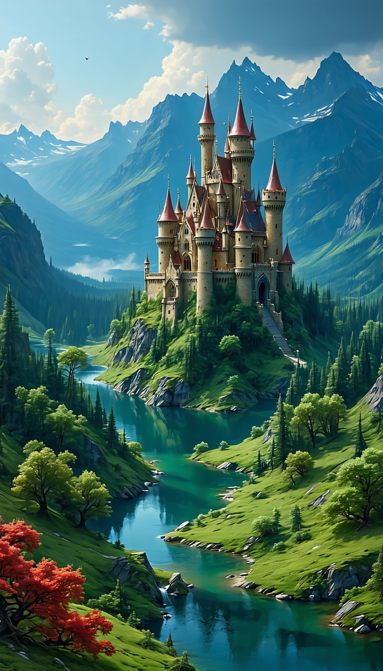 산 중턱의 아름다운 성, 성, 중세, 풍경, 산, 강, 자연