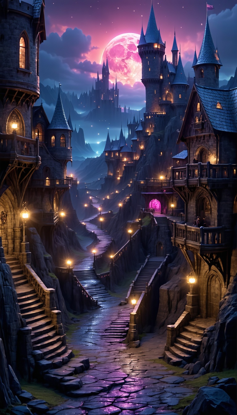 밤의 성곽 마을 풍경, 판타지, 성곽, 마을, 야경, 밤, 보름달