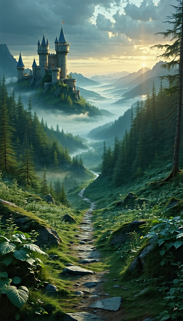 안개 낀 산맥 위의 성, 성, 산맥, 안개, 숲, 돌길, 자연