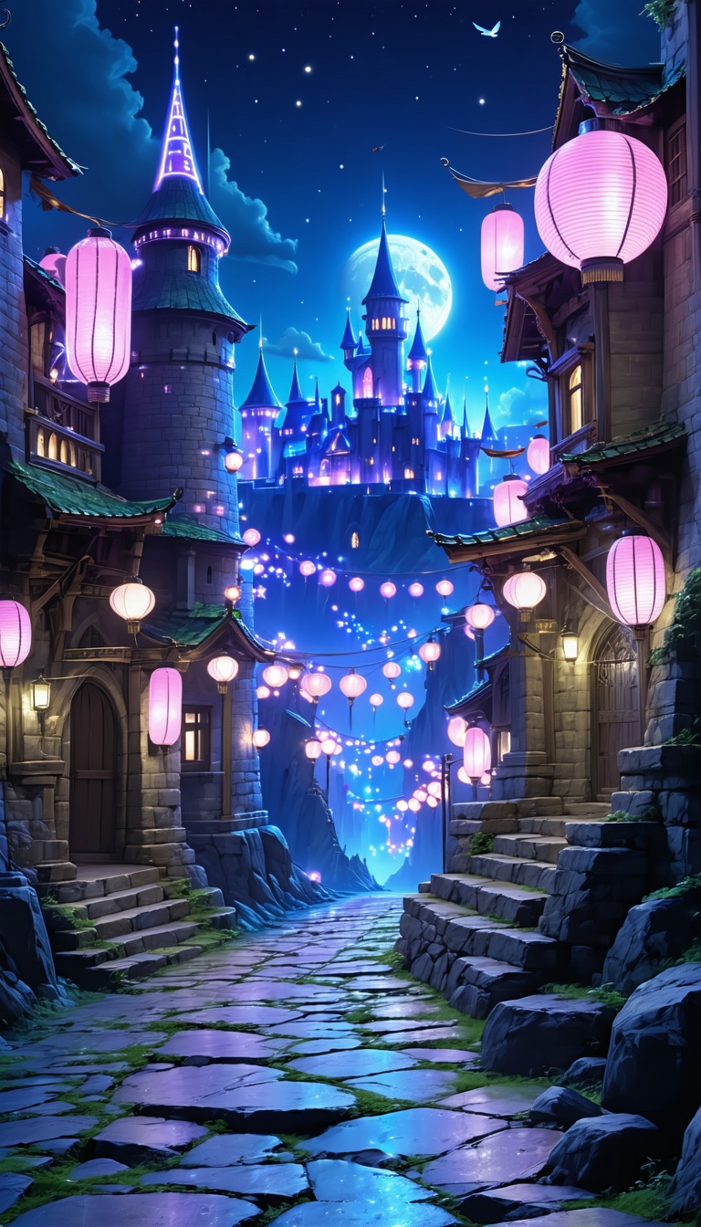 밤의 마법 도시 풍경, Fantasy, Cityscape, Night, Castle, Lanterns, Magic