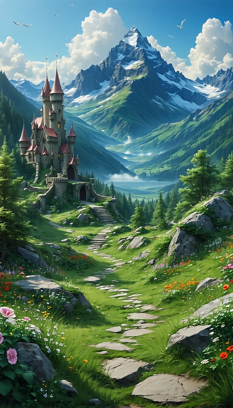 산 속의 아름다운 성, 성, 중세, 산, 자연, 풍경, 판타지