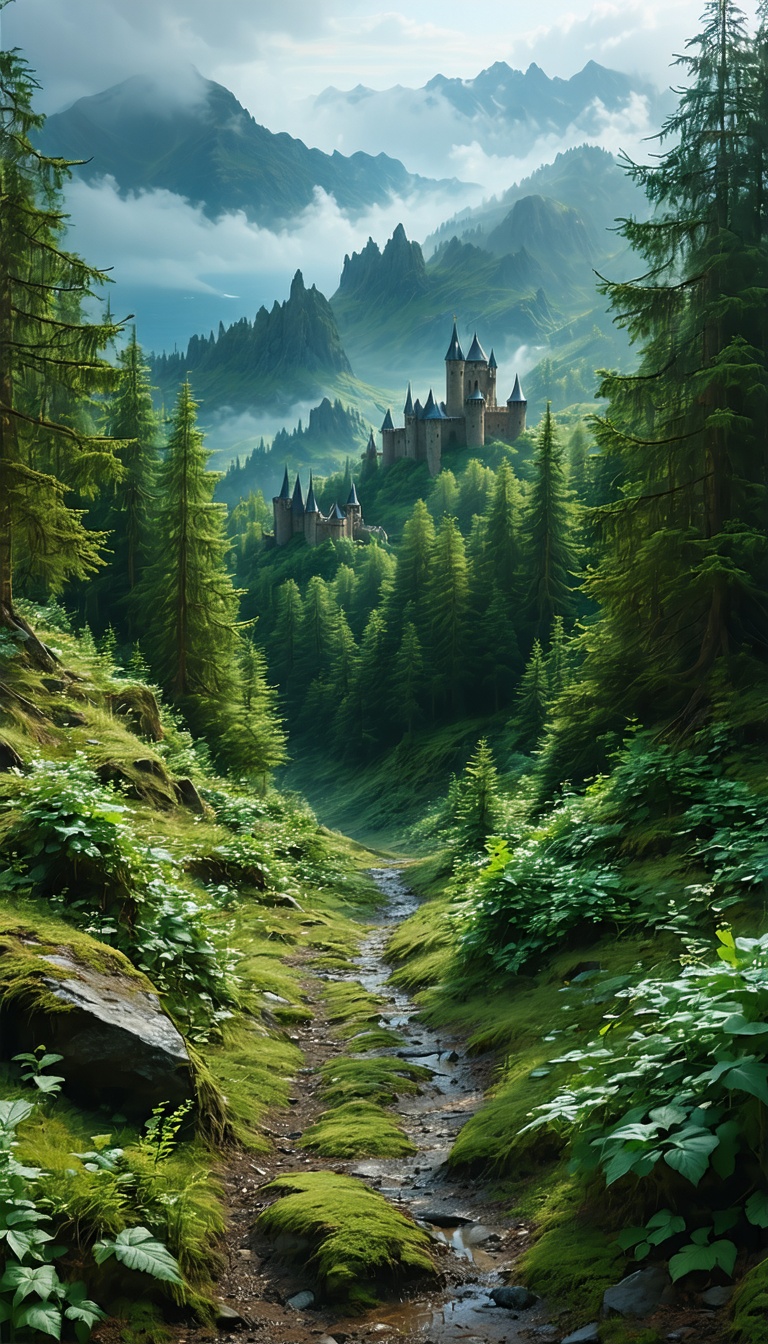 숲 속의 고성, 고성, 숲, 산맥, 계곡, 풍경, 자연