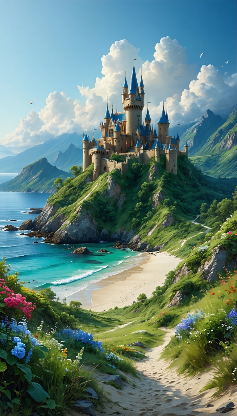 바닷가 절벽 위의 아름다운 성, 성, Castle, 바다, Ocean, 해변, Beach