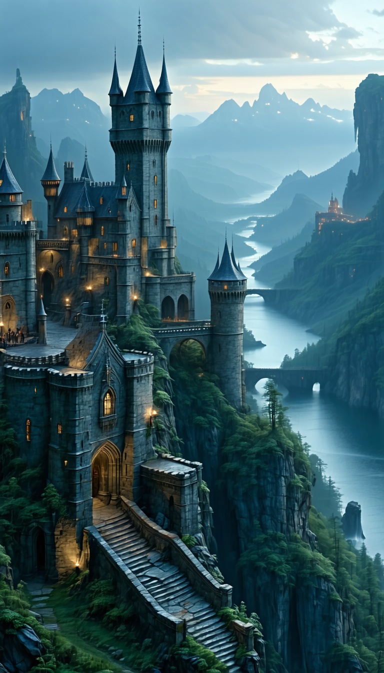 절벽 위의 고대 성, 중세 성, 고딕 양식, 판타지, 절벽, 강, 산