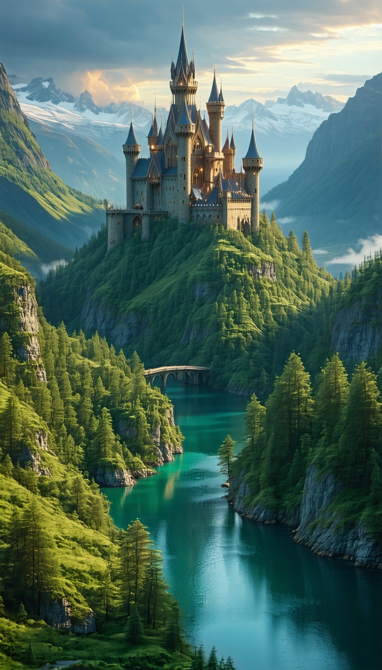 산 위의 웅장한 성, 성, 중세, 판타지, 풍경, 자연, 호수