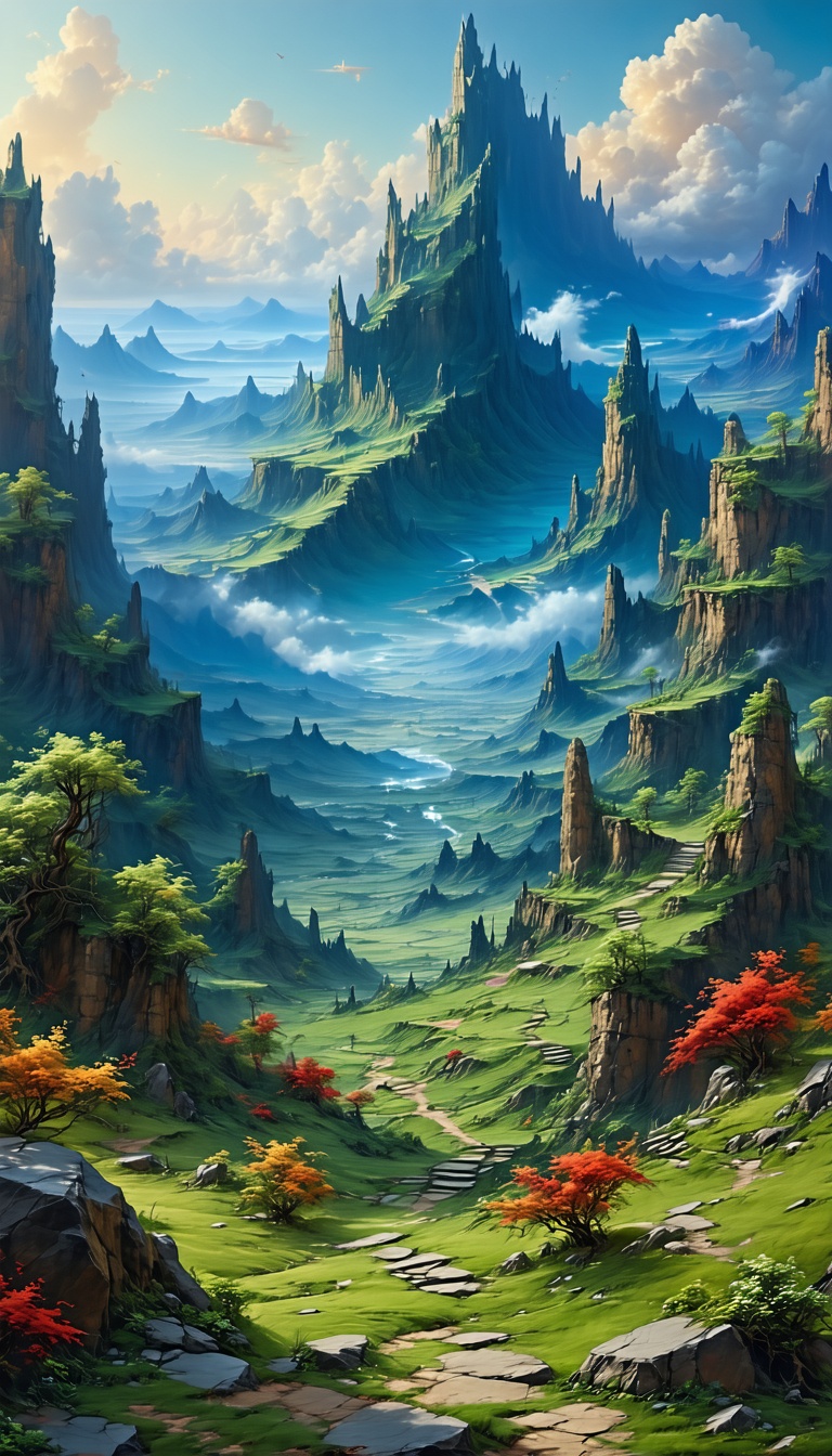 환상적인 봉우리와 계곡 풍경, 판타지, 풍경화, 산맥, 계곡, 자연, 환상