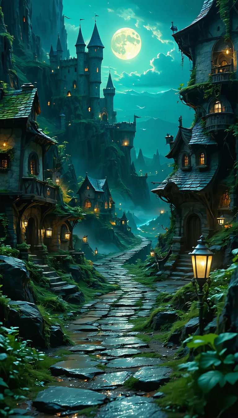 밤의 마법 마을 풍경, 판타지, 마을, 성, 밤, 달, 환상