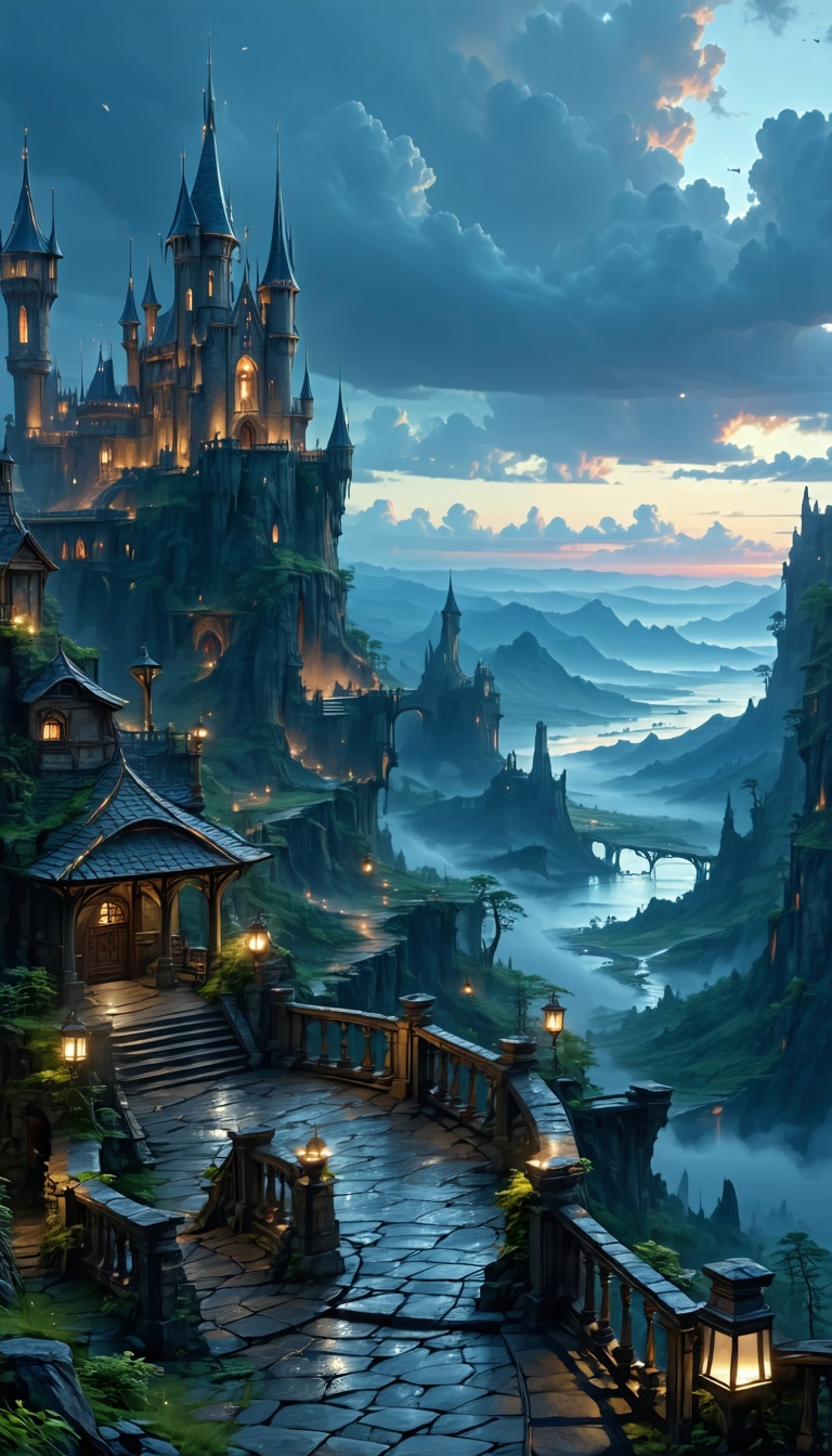 환상적인 밤의 성과 풍경, 판타지, 환상, 성, 캐슬, 풍경, 야경