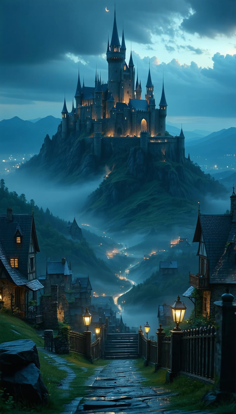 밤의 성과 마을 풍경, 성, 마을, 야경, 고딕, 판타지, 환상