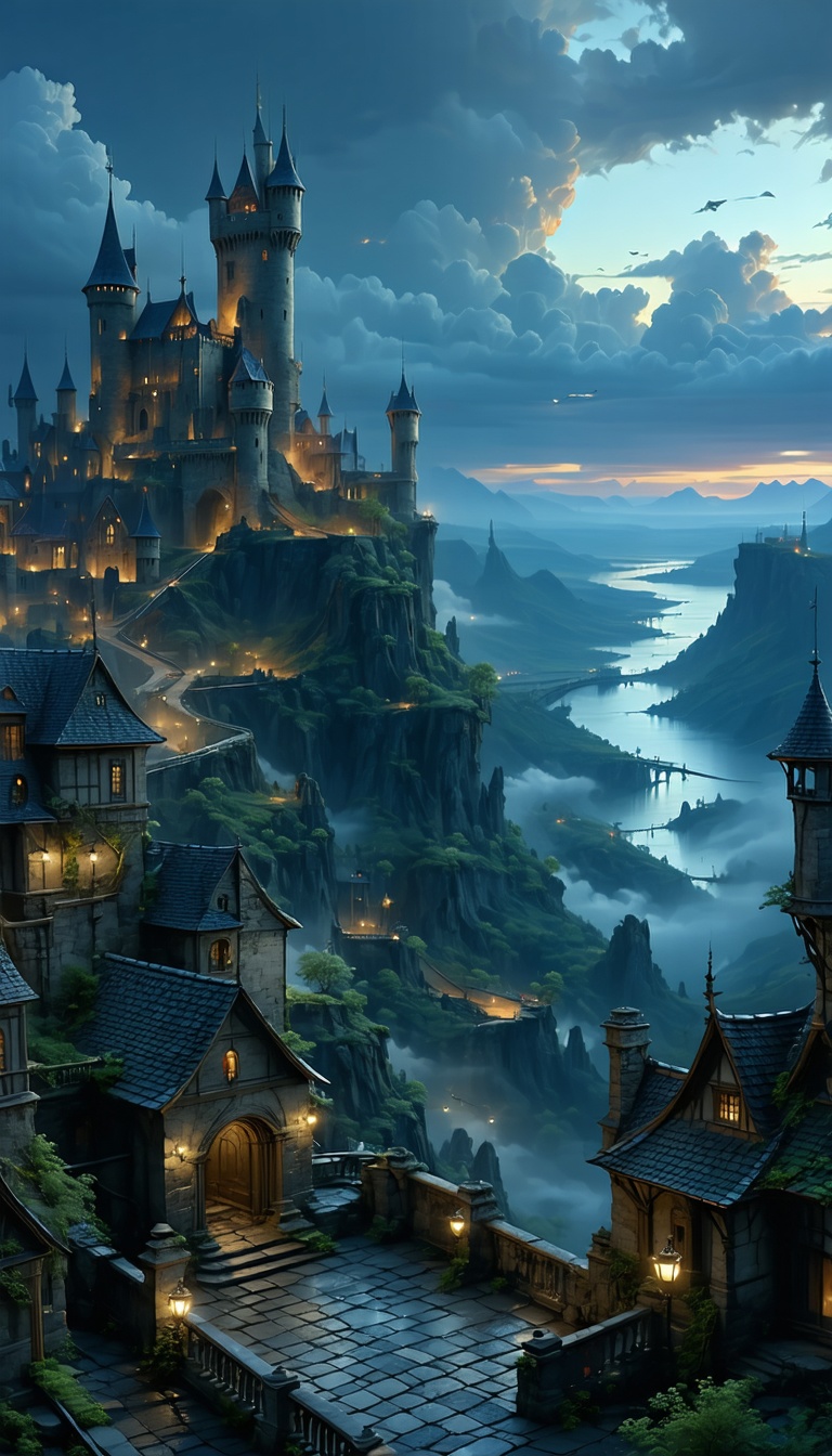 절벽 위의 판타지 성, 판타지, 성, 중세, 마을, 절벽, 풍경