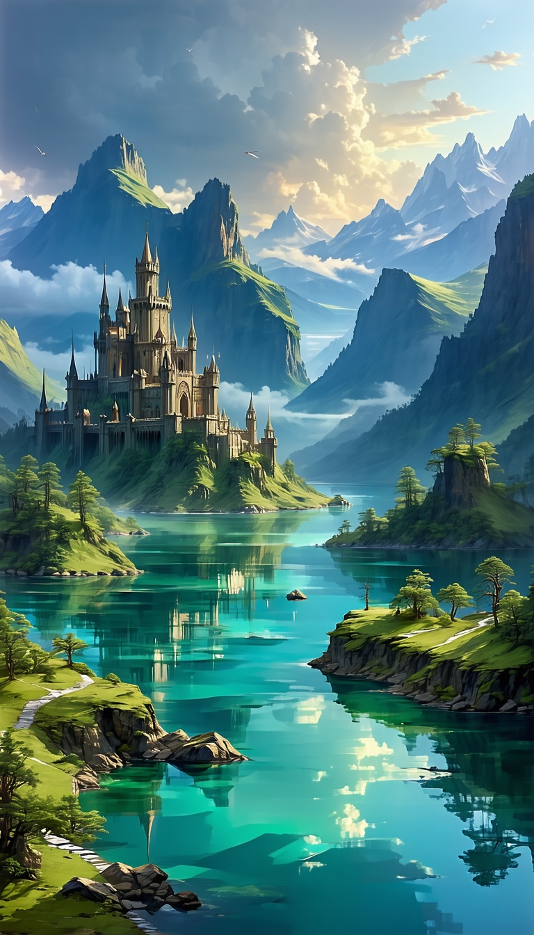 호수 위의 아름다운 성, Fantasy, Castle, Lake, Mountains, Landscape, Digital Art