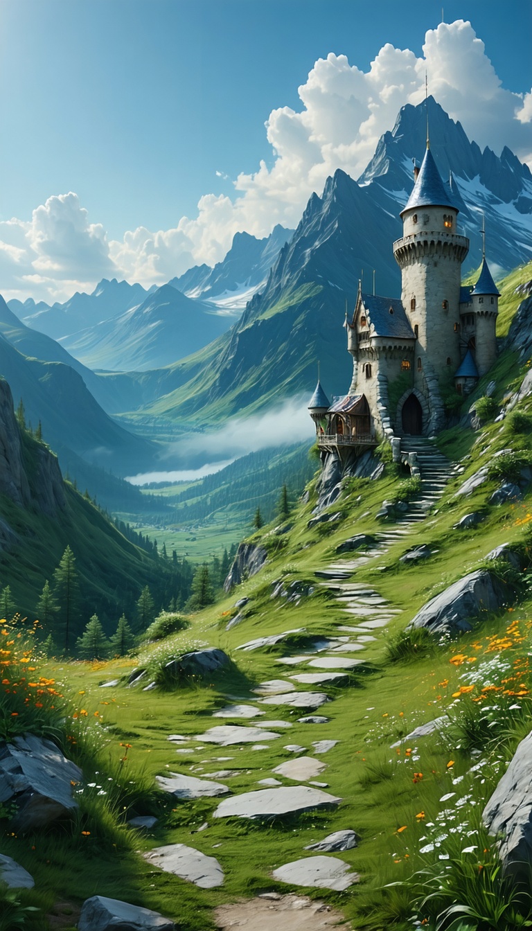 산 위의 고성, 고성, 성, 산맥, 자연, 풍경, 판타지