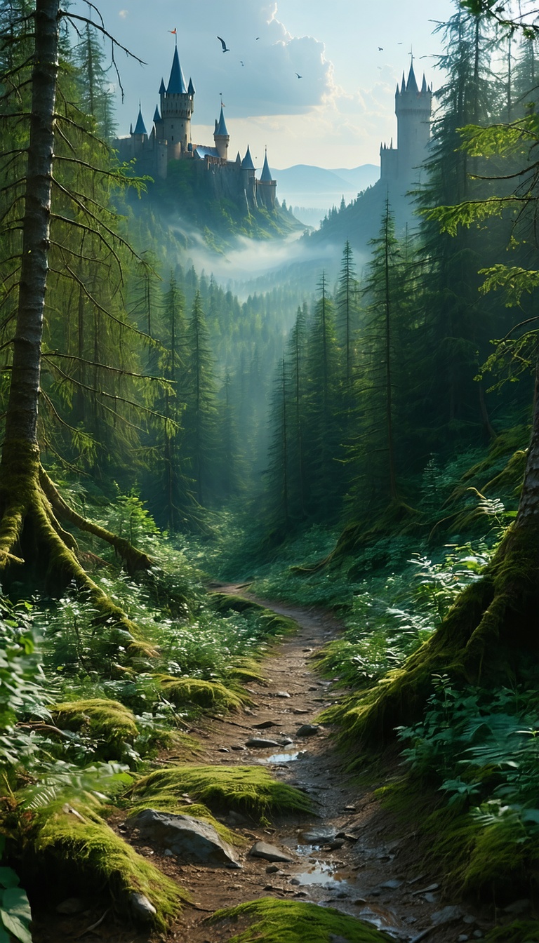 숲 속의 아름다운 성, 판타지, 풍경화, 성, 숲, 자연, 환상