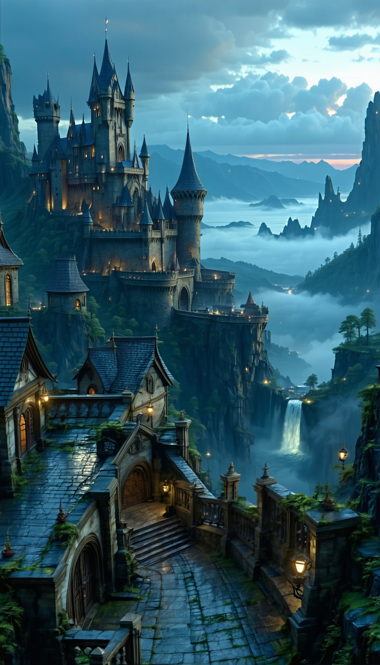 절벽 위의 환상적인 성, 판타지, 성, 중세, 풍경, 절벽, 구름