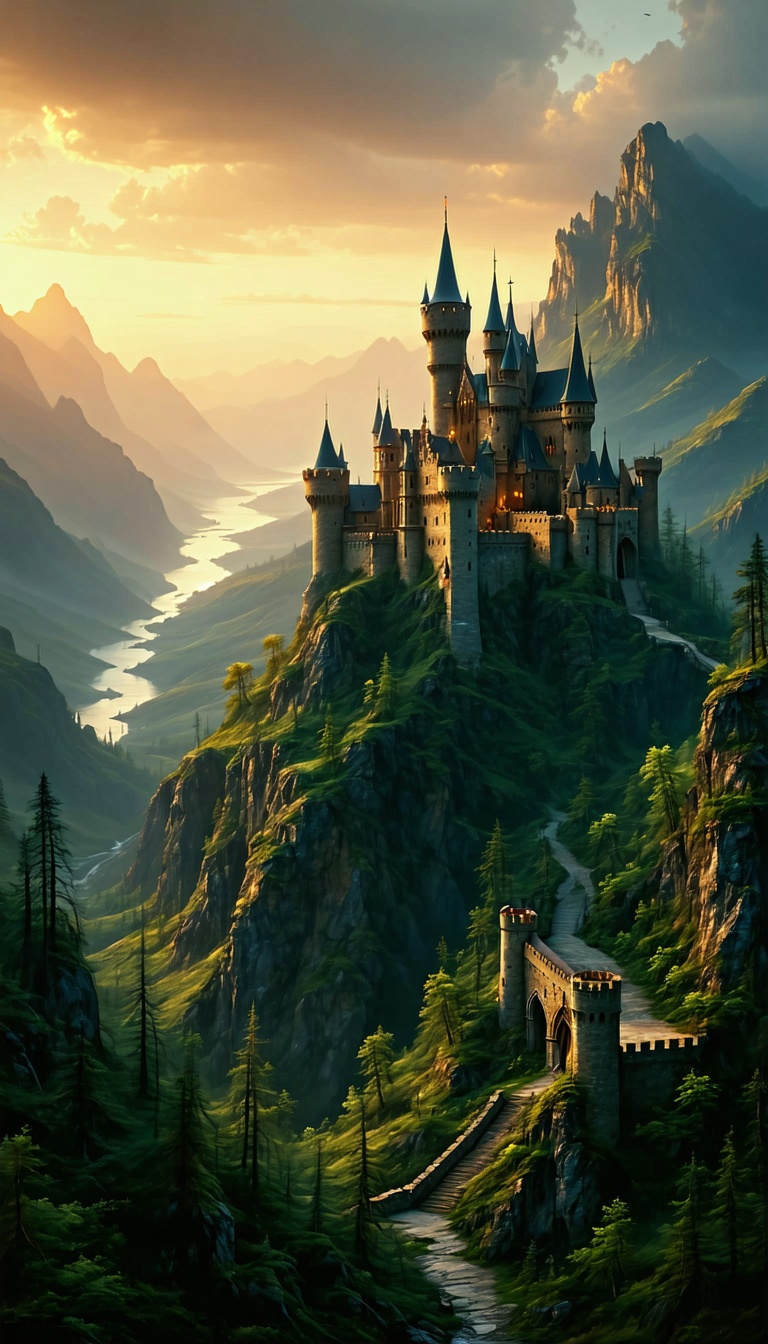 산 정상의 중세 성, 중세 성, 판타지, 성곽, 산, 계곡, 일몰