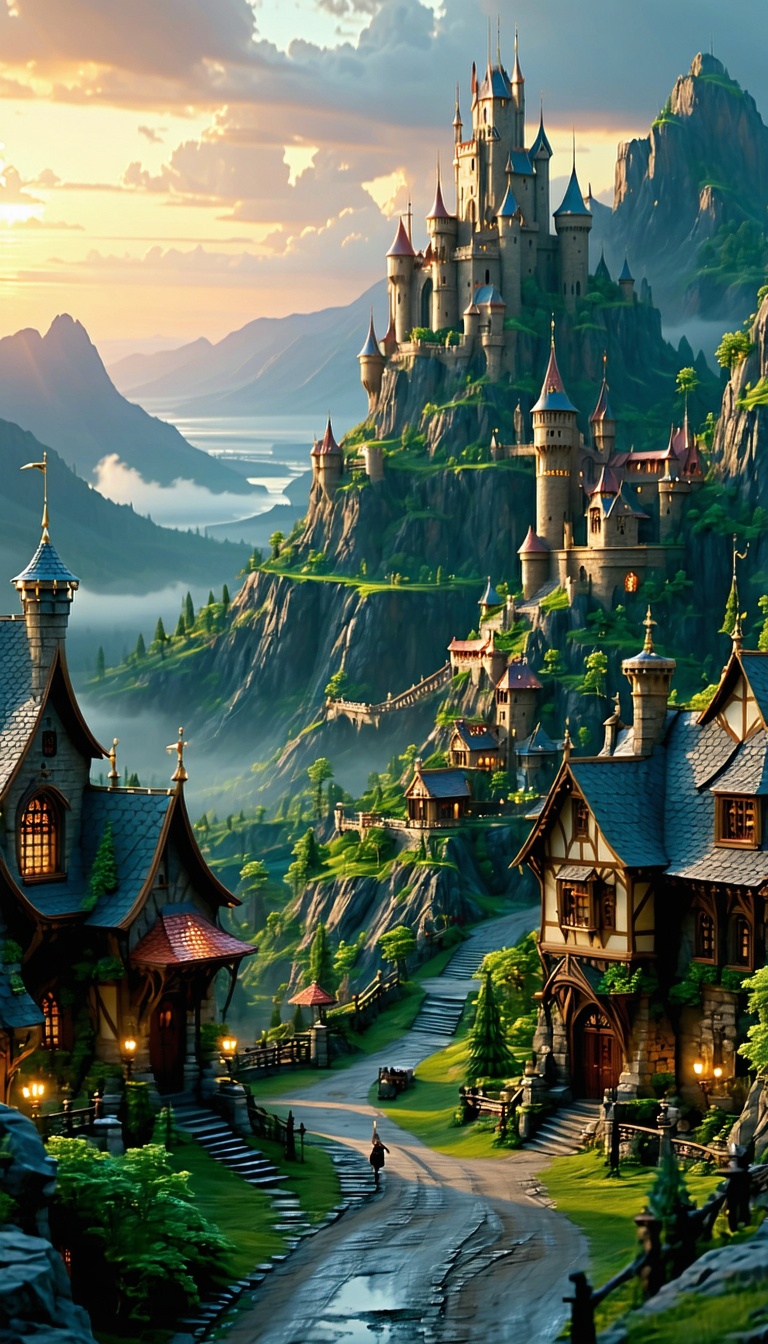 산 위의 환상적인 중세 마을, 중세, 마을, 성, 판타지, 풍경, 환상