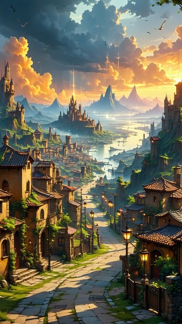 황홀한 저녁노을의 판타지 도시