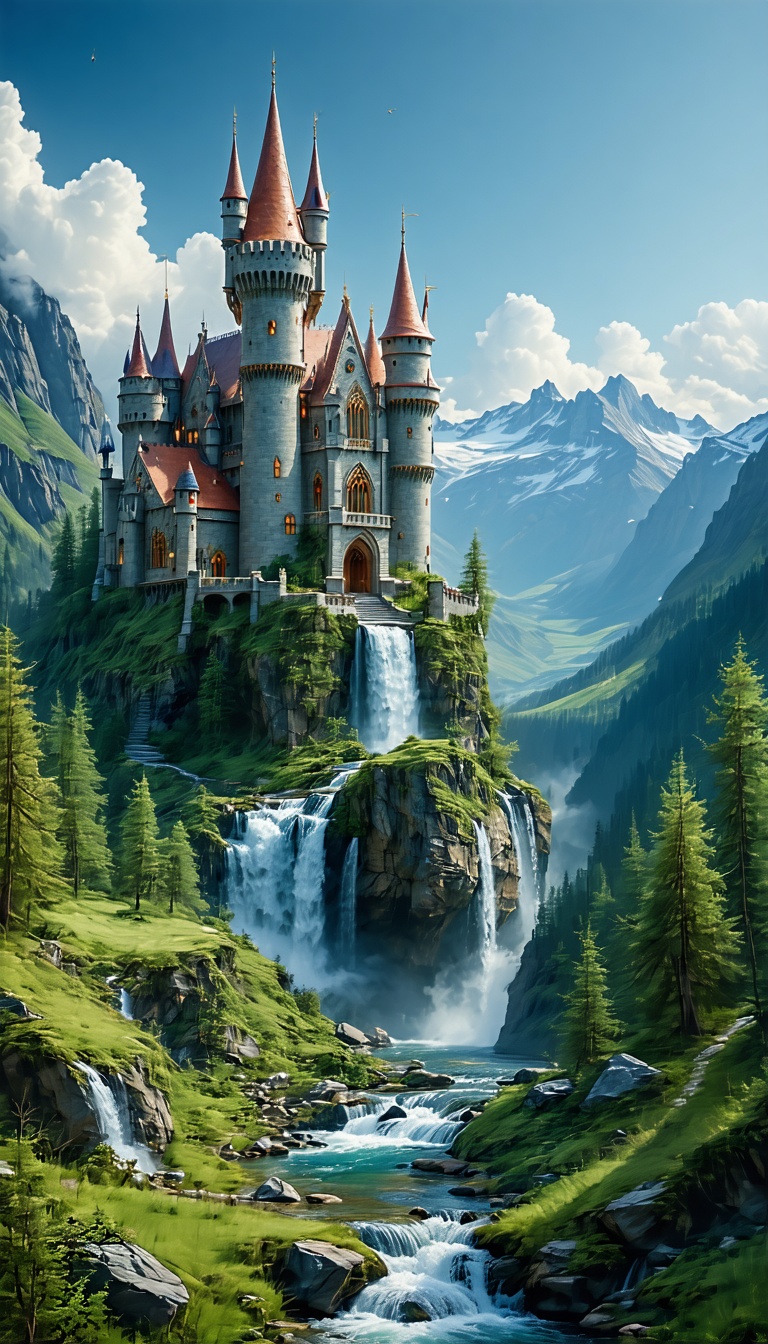 폭포 위의 웅장한 성, 성, 중세, 판타지, 폭포, 산맥, 자연