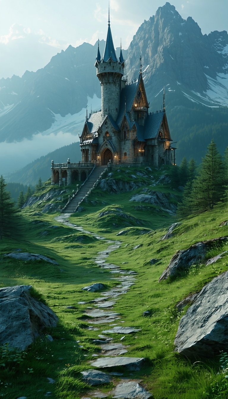 산 위의 고딕 성, 고딕 성, 판타지, 중세, 산맥, 초원, 돌길
