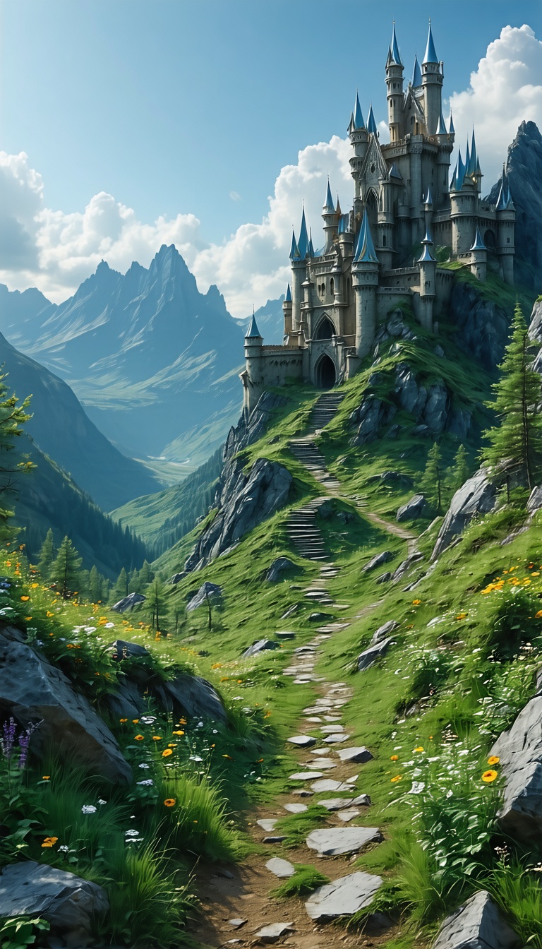 산꼭대기의 아름다운 성, 성, 캐슬, 판타지, 풍경, 자연, 산