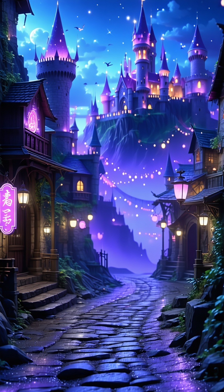 밤의 마법 성과 마을 풍경, 판타지, 성, 마을, 야경, 밤, 보라색