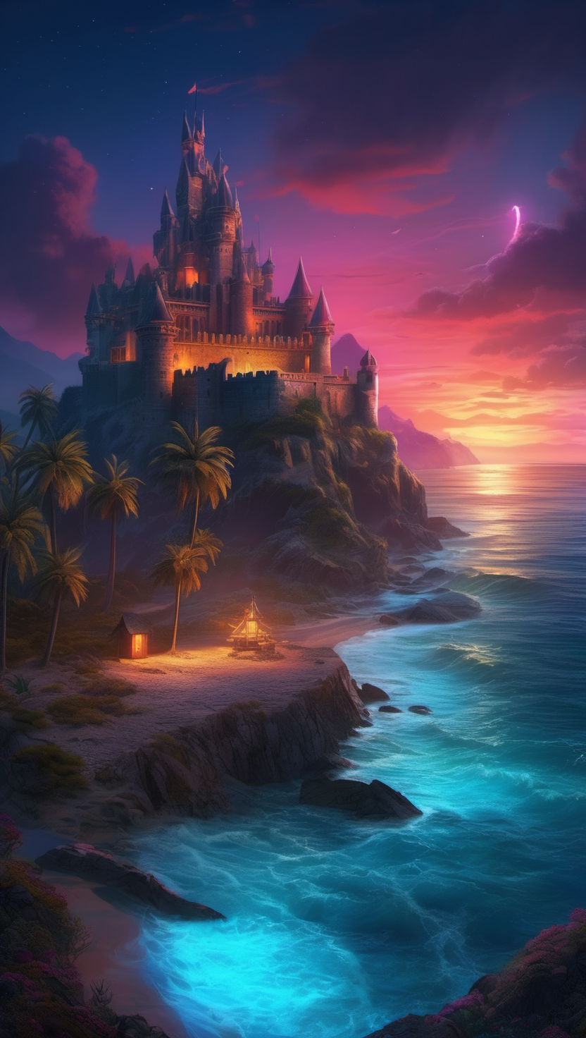 신비로운 해변의 궁전과 푸른 바다, 성, 판타지, 석양, 해안, 마법, 푸른 바다