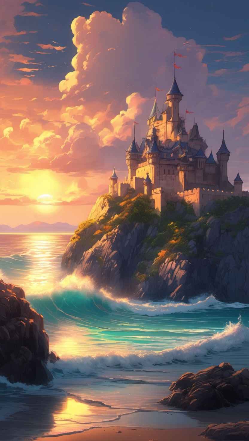 파도치는 절벽 위 황혼의 성, 성, 일몰, 바다, 절벽, 파도, 환상