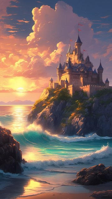 파도치는 절벽 위 황혼의 성