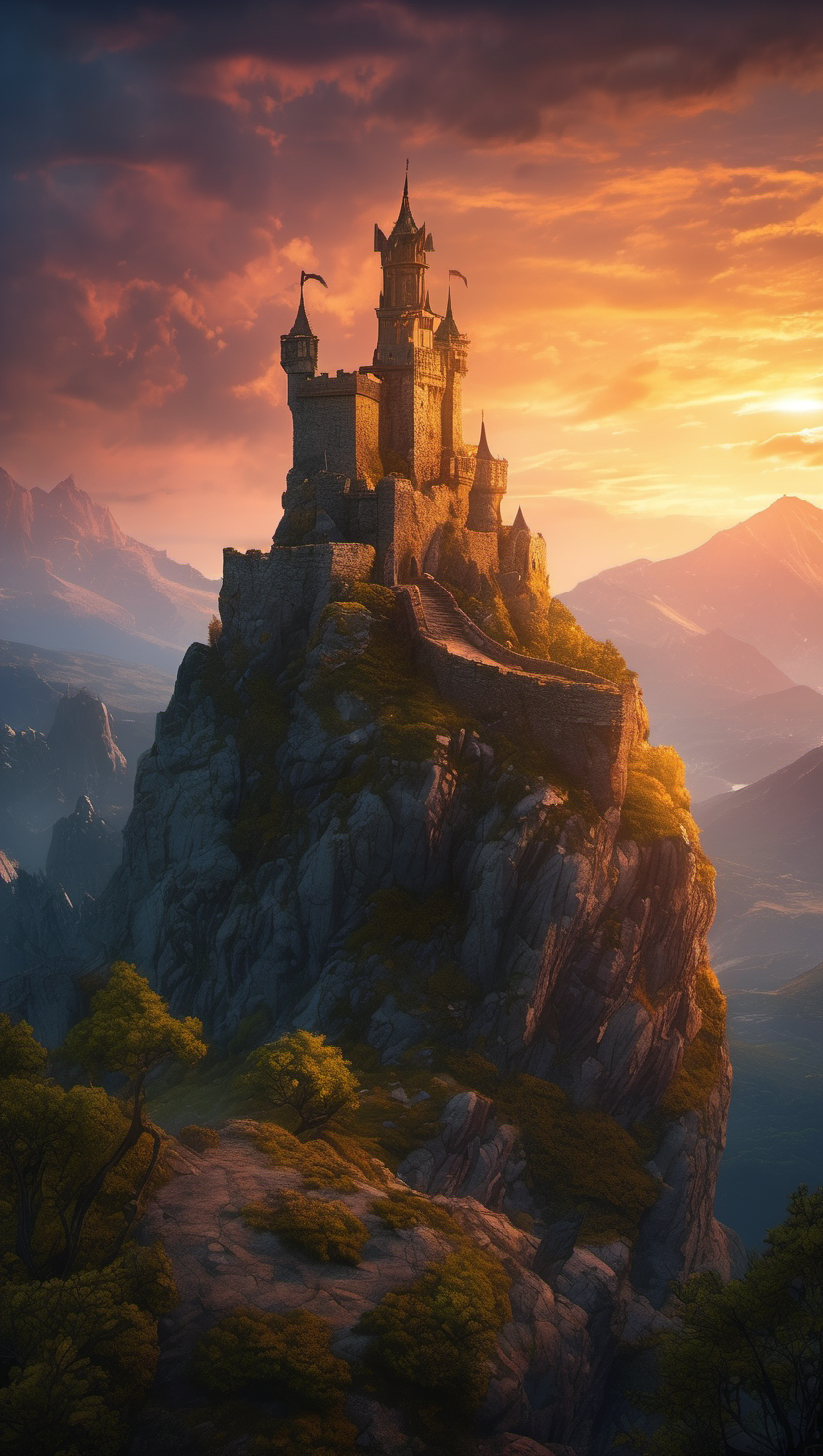 황금빛 석양 아래 솟은 요새, 성, 산, 석양, 골든아워, 판타지, 요새