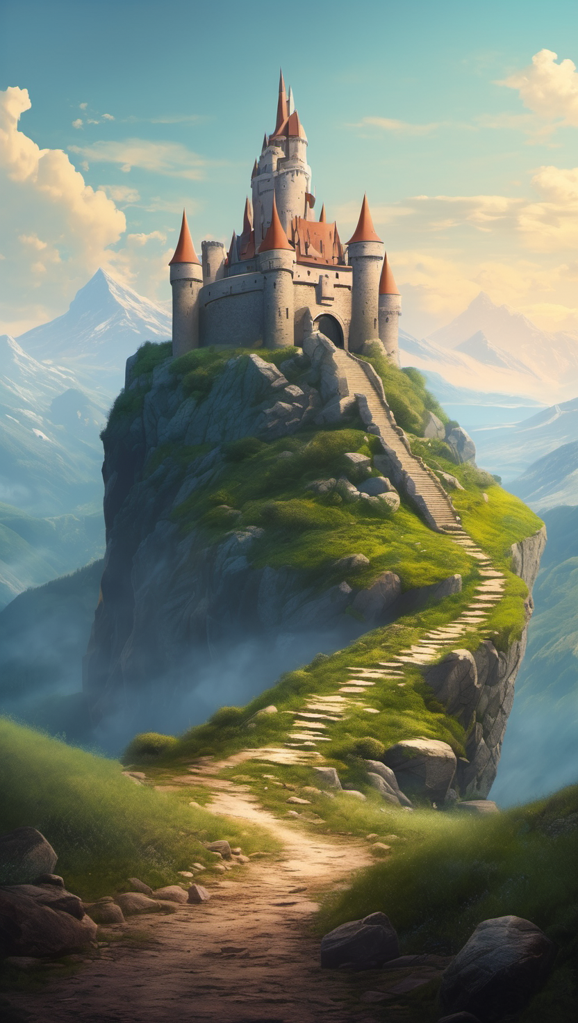 구름 속 신비로운 산 정상 성, 성, Mountain Castle, Fantasy Landscape, 신비로운, 절벽, 하늘