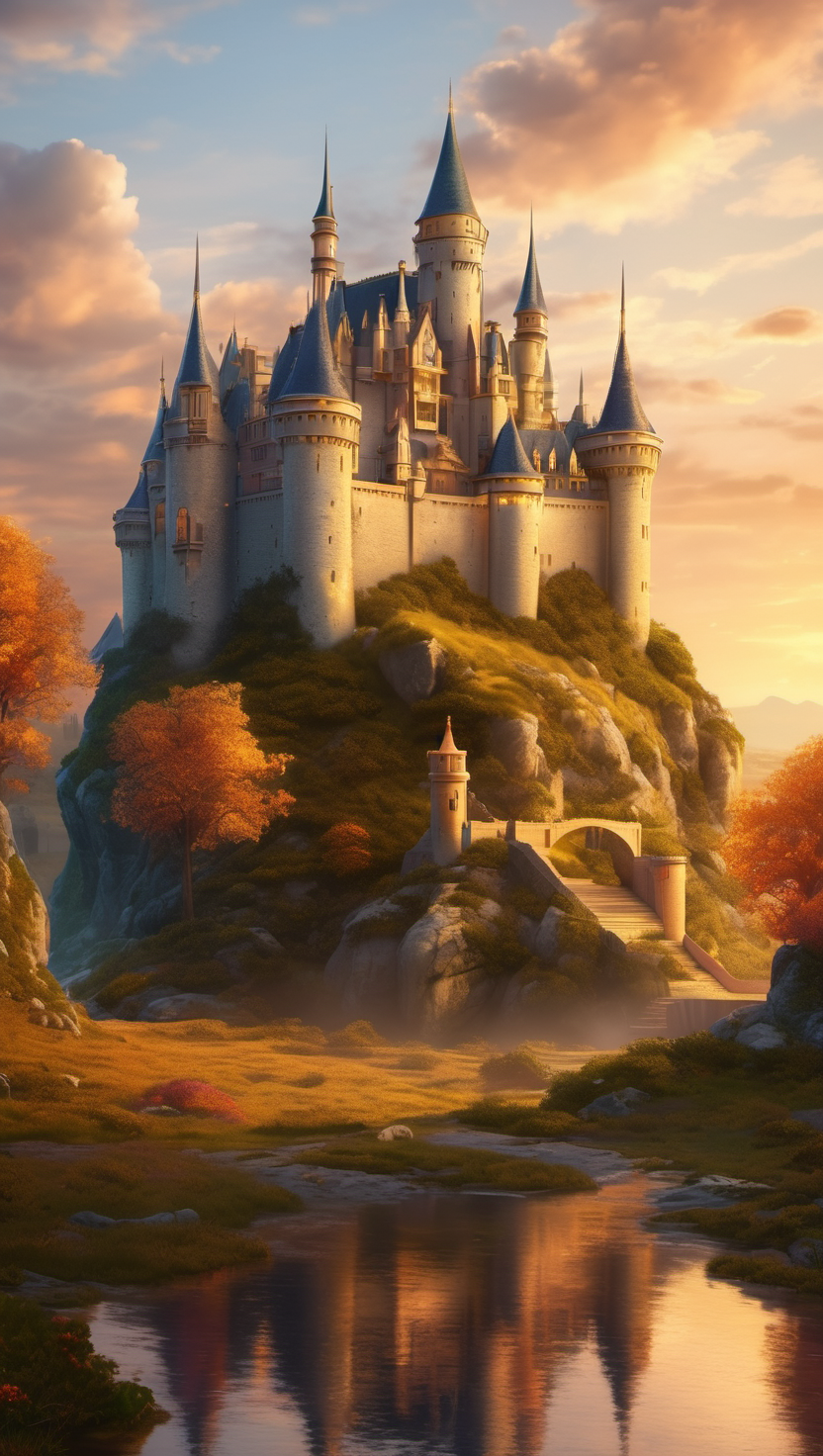 노을빛 언덕 위의 환상적인 성, Castle, Fairytale, Sunset, Reflection, 판타지, 노을빛